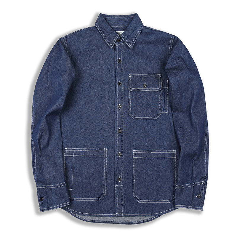 Ok1301 Autumn Men Vertical Striped Cargo Denim Shirts Multi Pocket