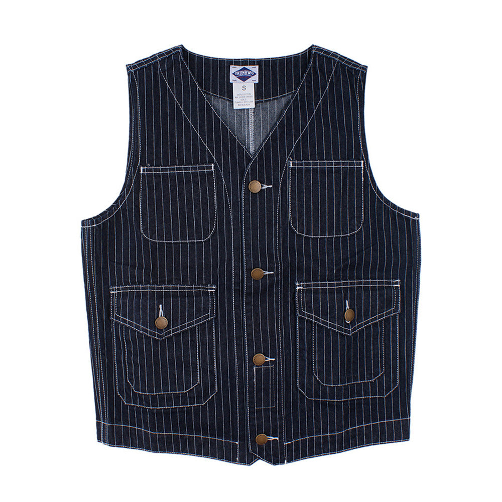 Ok8403 Men Cargo Striped Waistcoat Classical Vintage Streetwear Couple