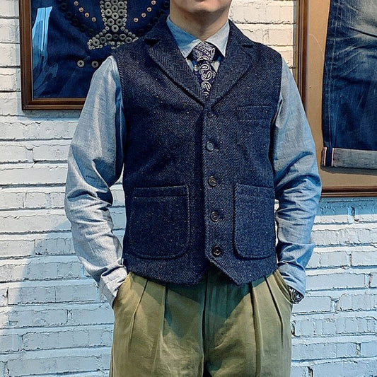 Wool Tweed Waistcoat Retro Men's Herringbone Lapel
