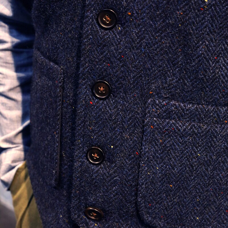 Wool Tweed Waistcoat Retro Men's Herringbone Lapel