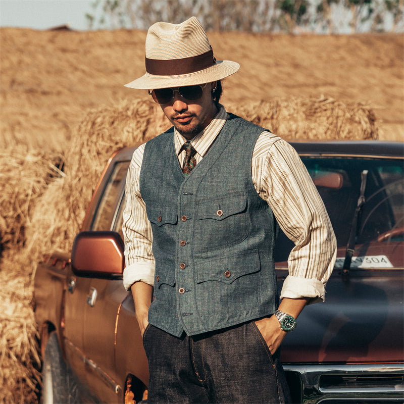 Denim Pockets Vest Vintage Inspired Men's Slim Fit