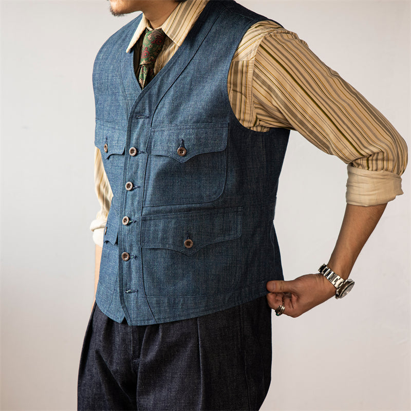 Denim Pockets Vest Vintage Inspired Men's Slim Fit