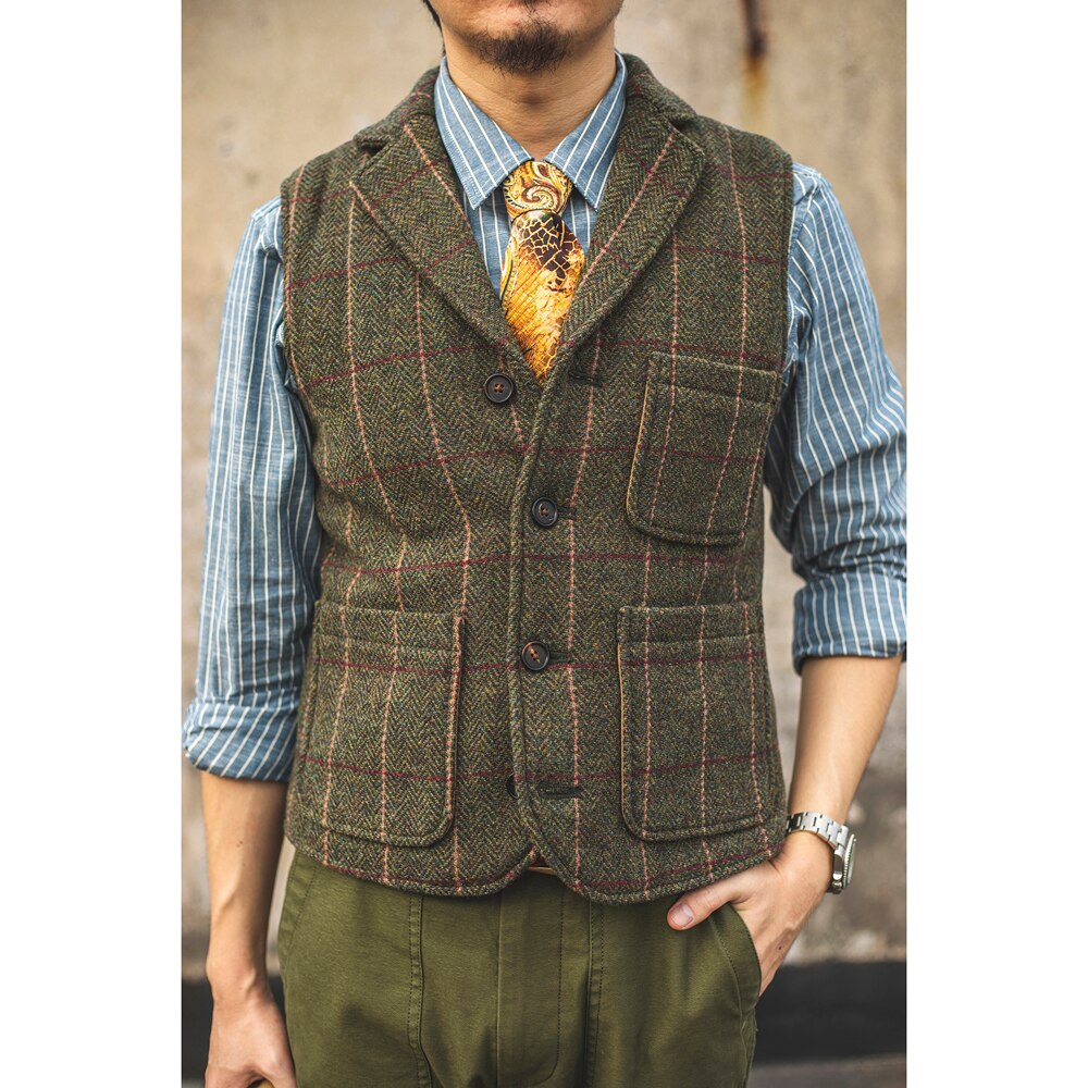 Woolen Tweed Vest Vintage Style Suit Waistcoat For Men