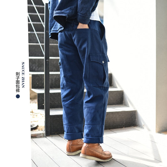 Saucezhan Sashiko Men Pants Multi pocket Cotton Trousers Baker Pants