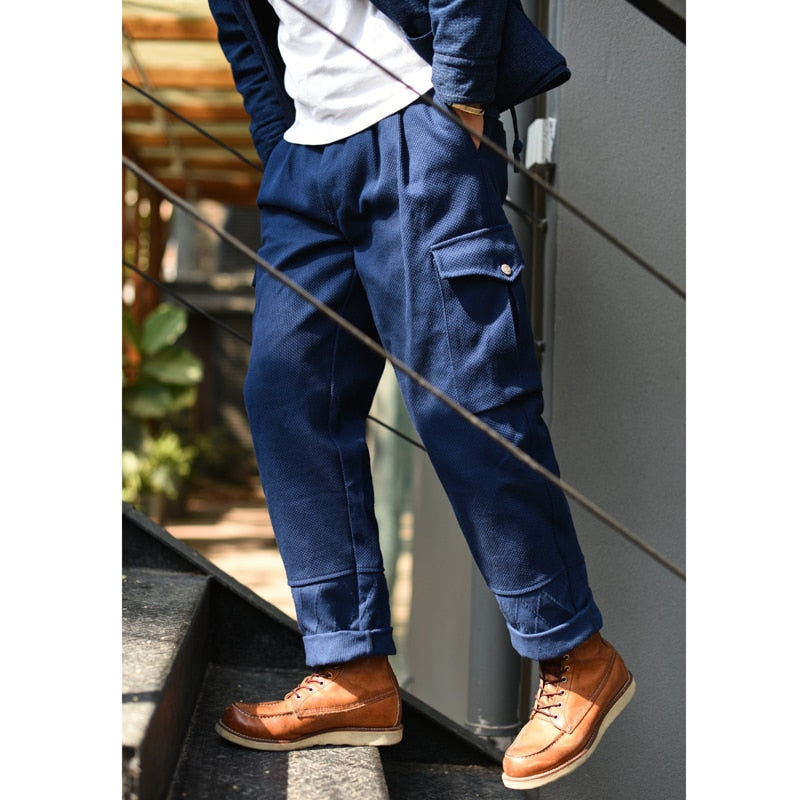 Saucezhan Sashiko Men Pants Multi pocket Cotton Trousers Baker Pants