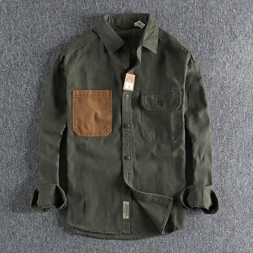 Sleeve Patch Washed Grain Woven Cotton Long Sleeve Shirt Men's Daily