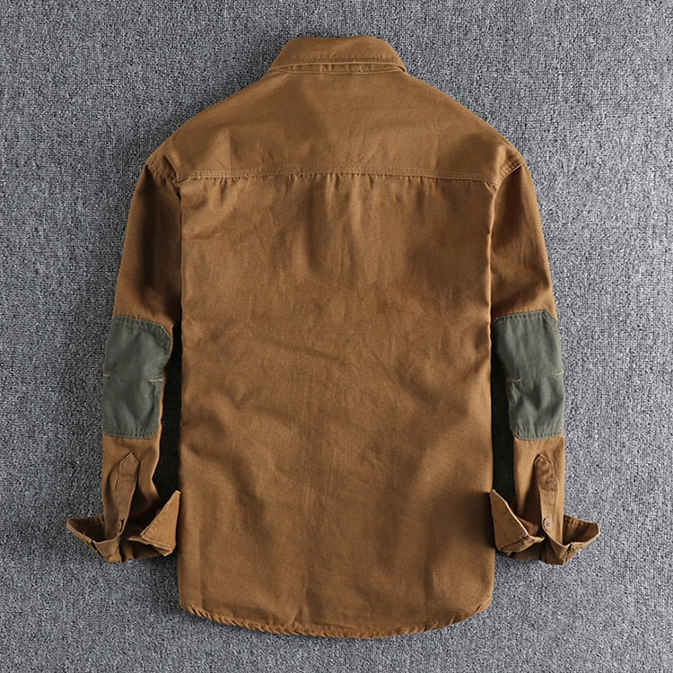 Sleeve Patch Washed Grain Woven Cotton Long Sleeve Shirt Men's Daily