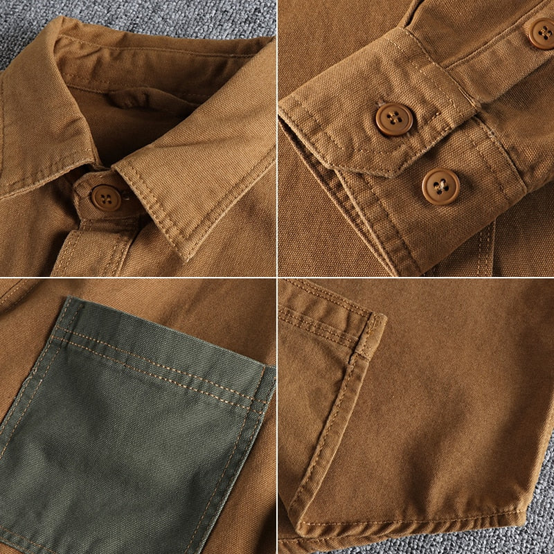 Sleeve Patch Washed Grain Woven Cotton Long Sleeve Shirt Men's Daily