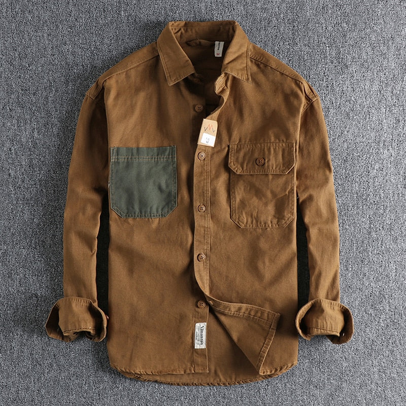 Sleeve Patch Washed Grain Woven Cotton Long Sleeve Shirt Men's Daily