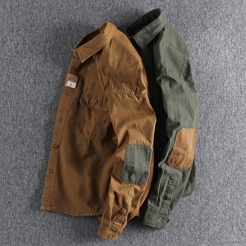 Sleeve Patch Washed Grain Woven Cotton Long Sleeve Shirt Men's Daily