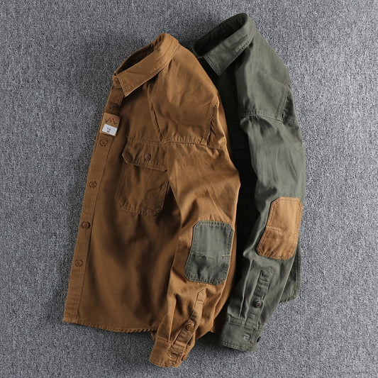 Sleeve Patch Washed Grain Woven Cotton Long Sleeve Shirt Men's Daily