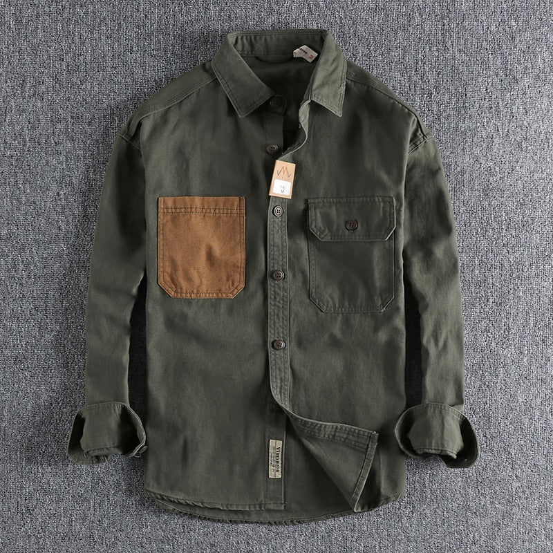 Sleeve Patch Washed Grain Woven Cotton Long Sleeve Shirt Men's Daily
