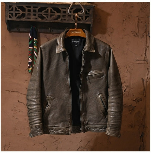 Luxury men biker cowhide leather jacketjacket.quality slim