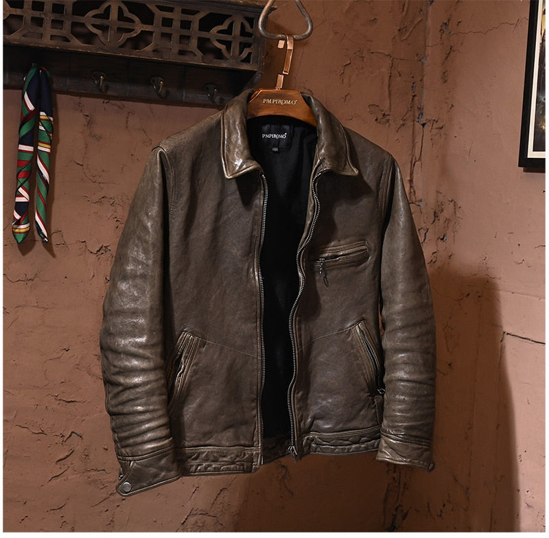 Luxury men biker cowhide leather jacketjacket.quality slim