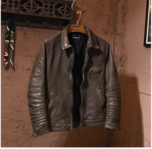 Luxury men biker cowhide leather jacketjacket.quality slim