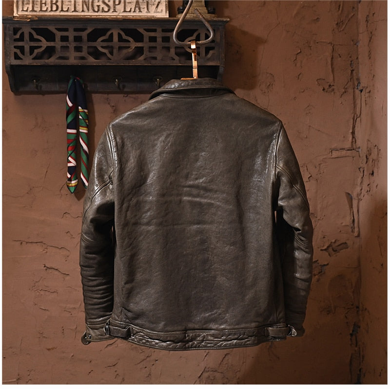 Luxury men biker cowhide leather jacketjacket.quality slim