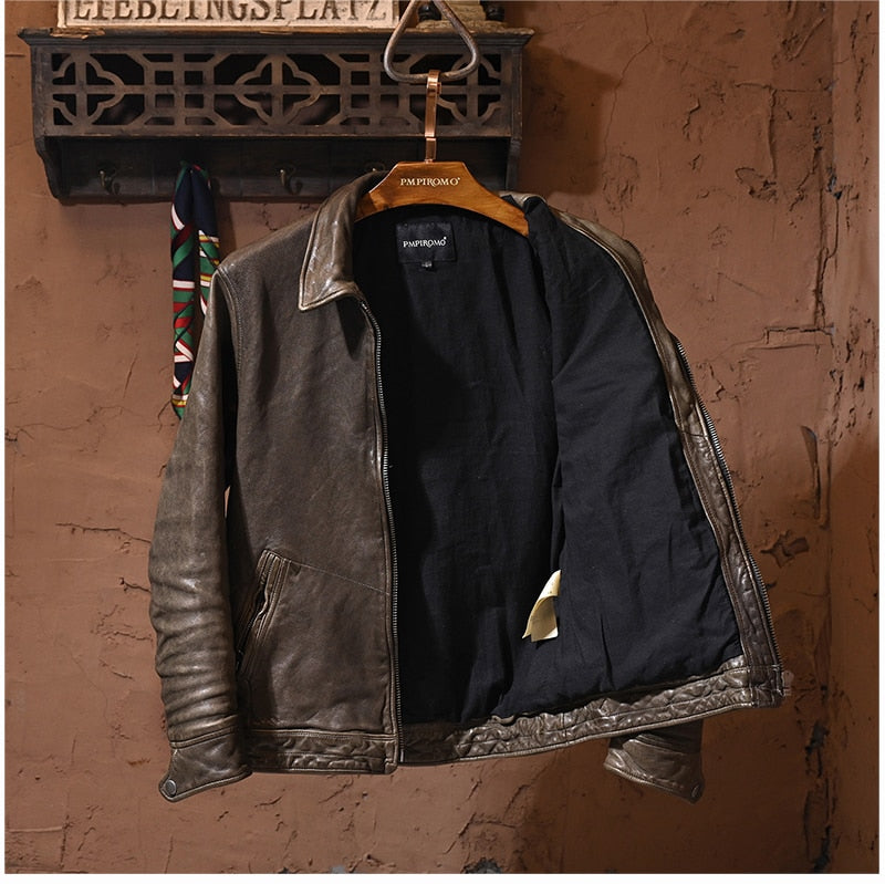 Luxury men biker cowhide leather jacketjacket.quality slim
