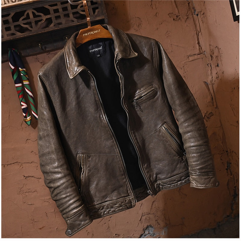 Luxury men biker cowhide leather jacketjacket.quality slim